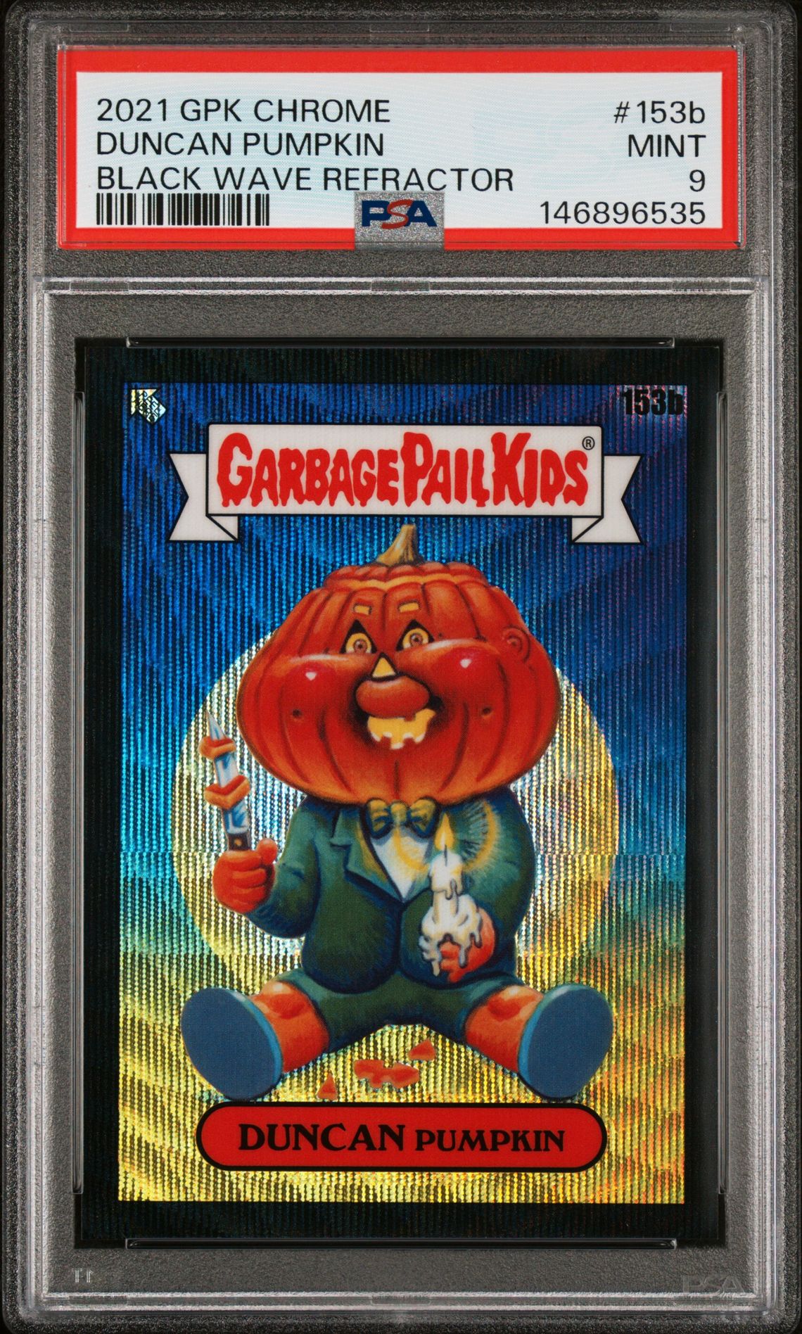 2021 Topps GARBAGE PAIL KIDS CHROME BLACK WAVE REFRACTOR #153B Duncan Pumpkin front
