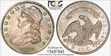 1834 50C Large Date, Small Letters AU58