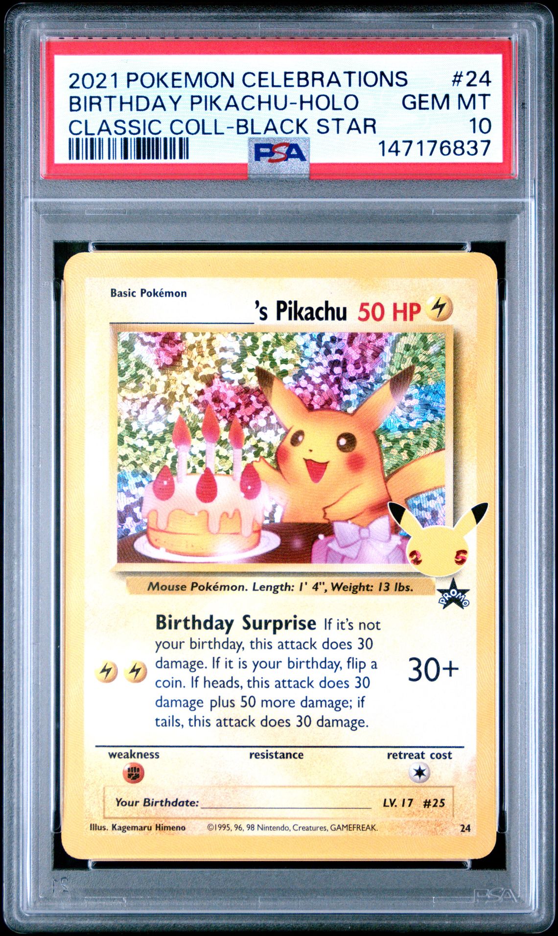2021 Pokemon Celebrations Classic Collection Birthday Pikachu-Holo #24 (Classic Coll-Black Star) Gem Mt 10 front