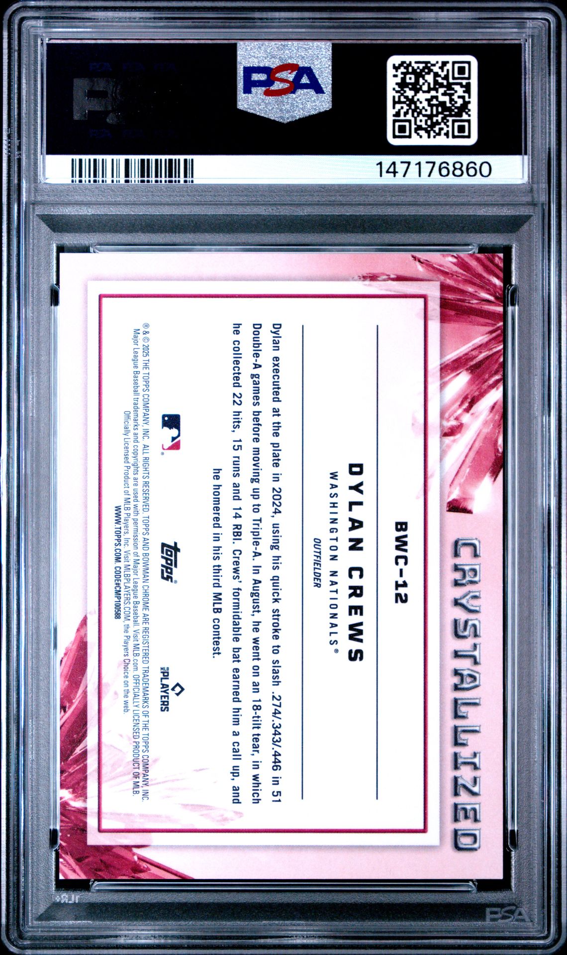 2025 Bowman Crystallized Dylan Crews #Bwc12 Gem Mt 10 back