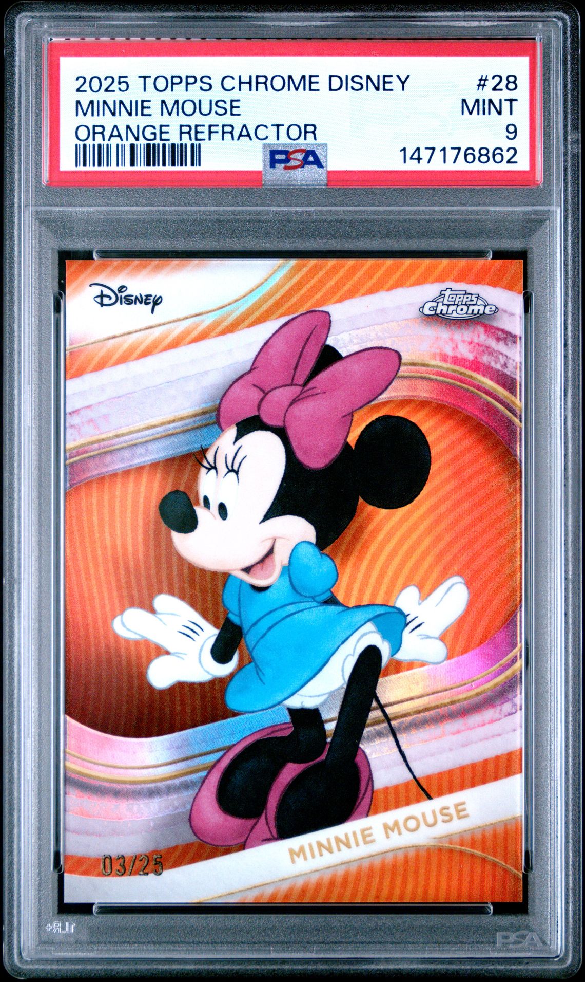 2025 Topps Chrome Disney Minnie Mouse #28 (Orange Refractor) Mint 9 front