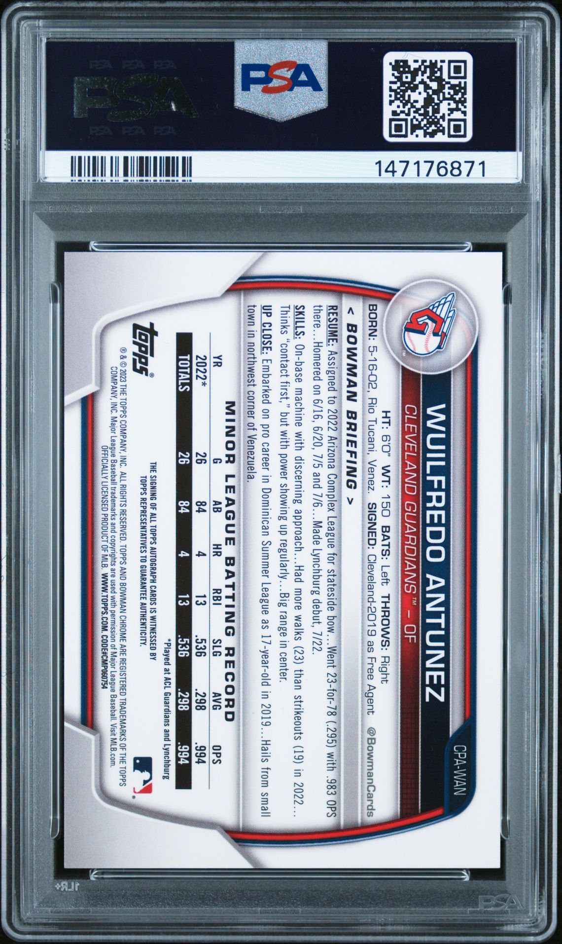 2023 Bowman Chrome Prospect Autographs Wuilfredo Antunez #Cpawan (Prospect Autograph) Mint 9 back