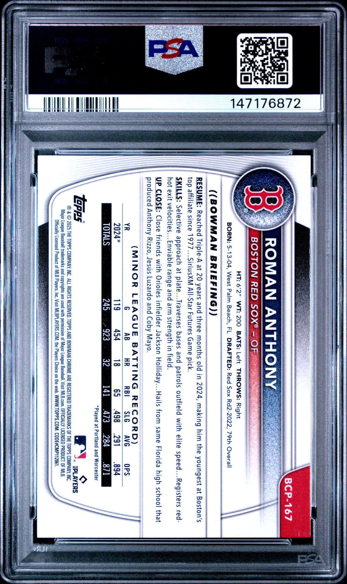 2025 Bowman Chrome Prospects Roman Anthony #Bcp167 (Prospects-Blue Geometric) Gem Mt 10 back