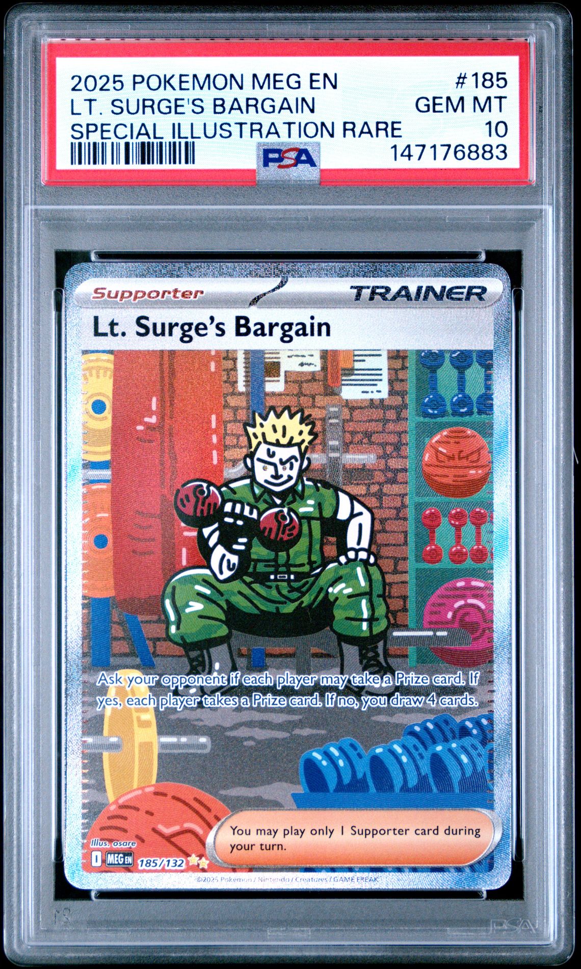 2025 Pokemon Meg En-Mega Evolution Lt. Surge's Bargain #185 (Special Illustration Rare) Gem Mt 10 front