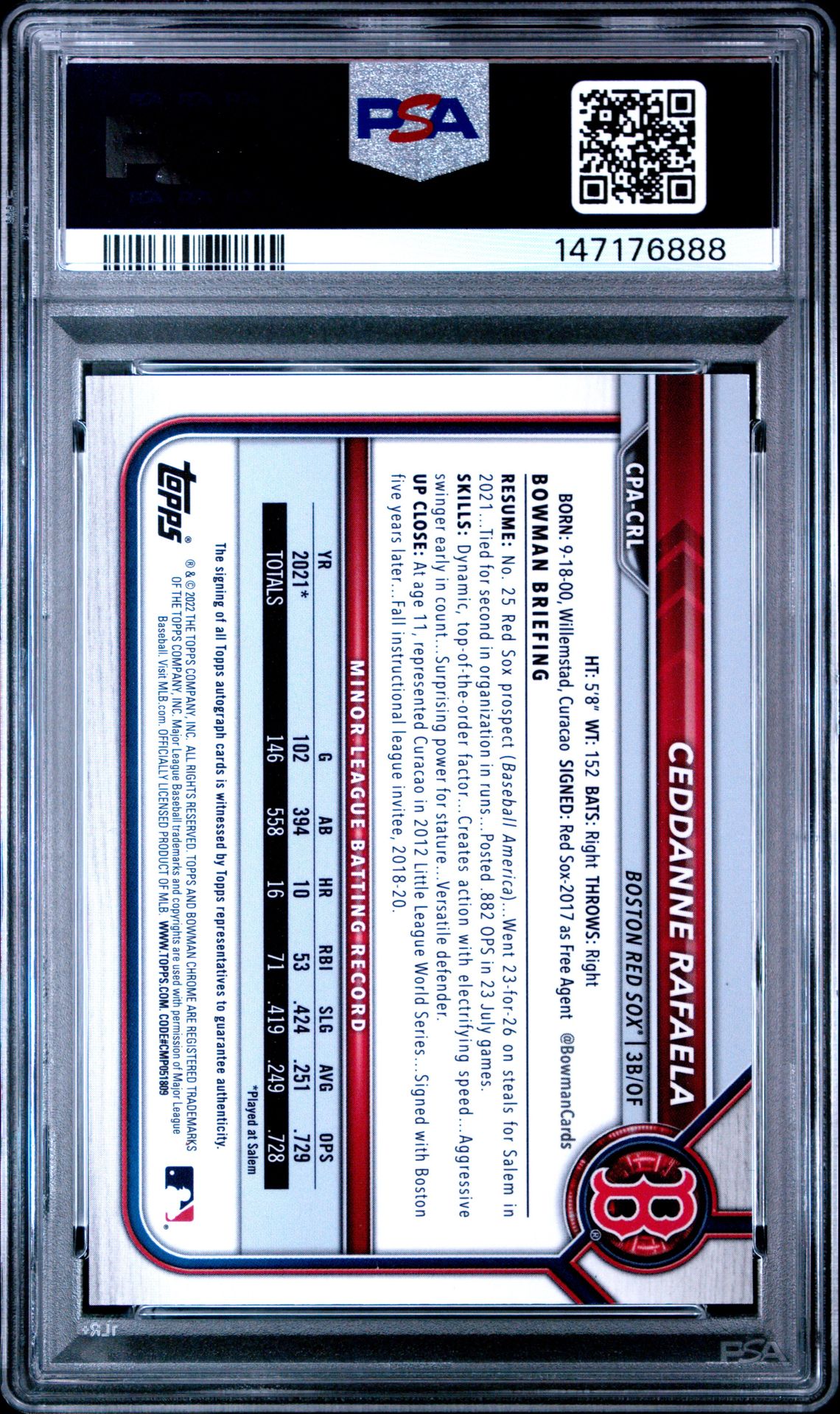 2022 Bowman Chrome Prospect Autographs Ceddanne Rafaela #Cpacrl (Prospect Autograph) Mint 9 back