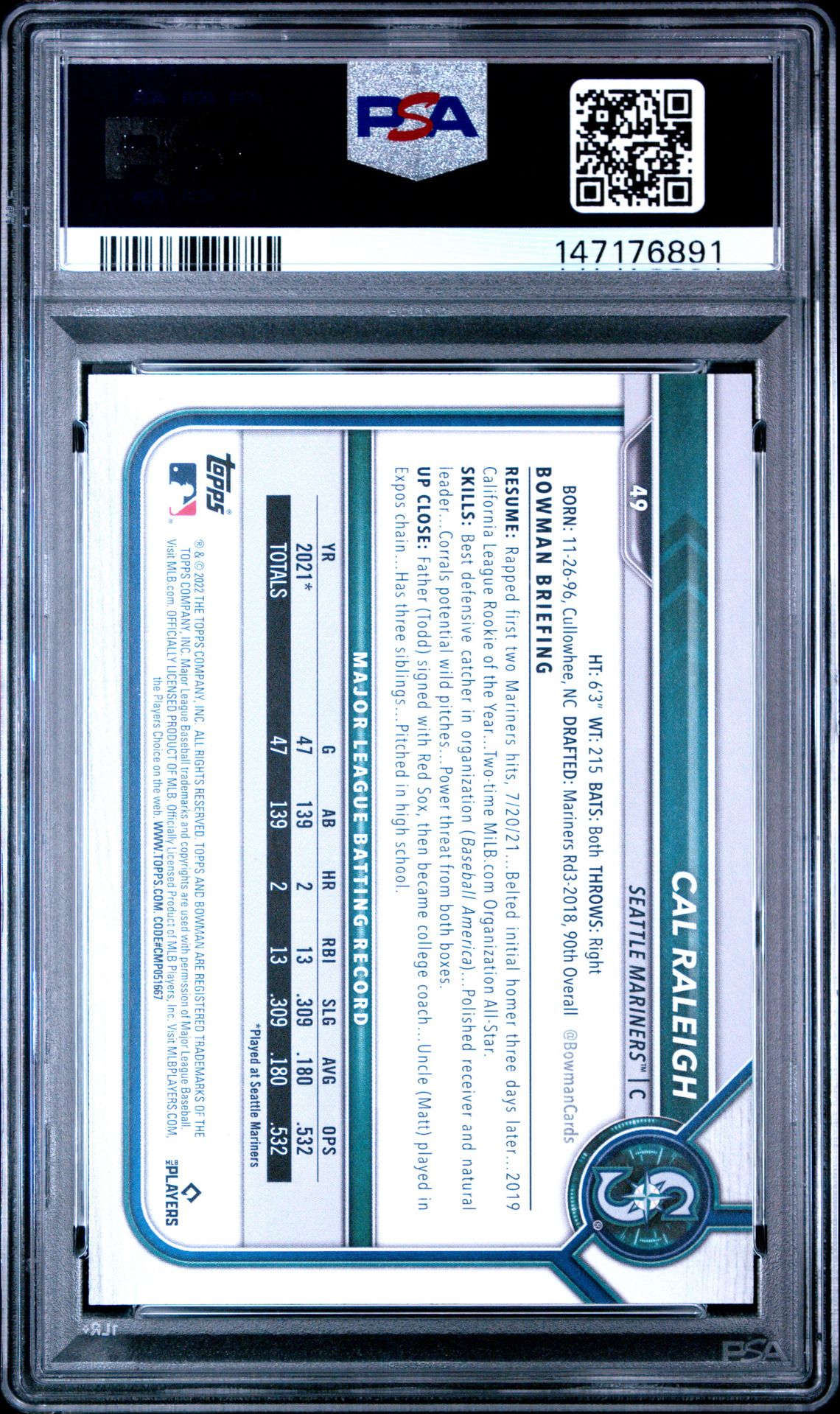 2022 Bowman Cal Raleigh #49 (Sky Blue) Mint 9 back