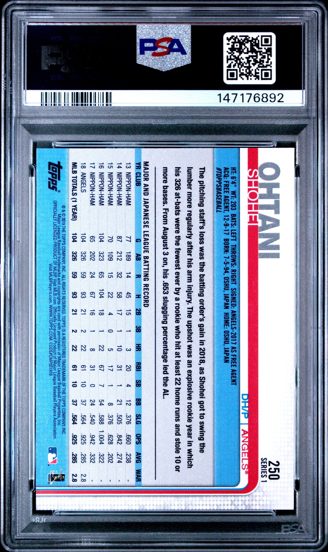 2019 Topps Shohei Ohtani #250 Gem Mt 10 back