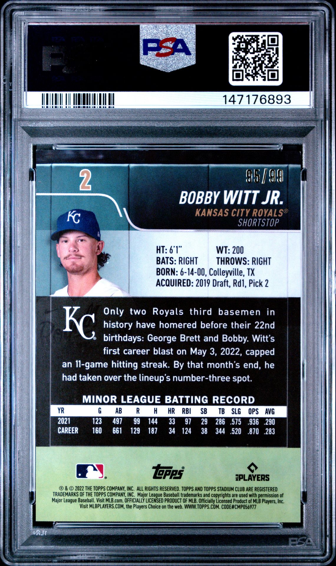 2022 Topps Stadium Club Chrome Bobby Witt Jr #2 (Green Refractor) Mint 9 back