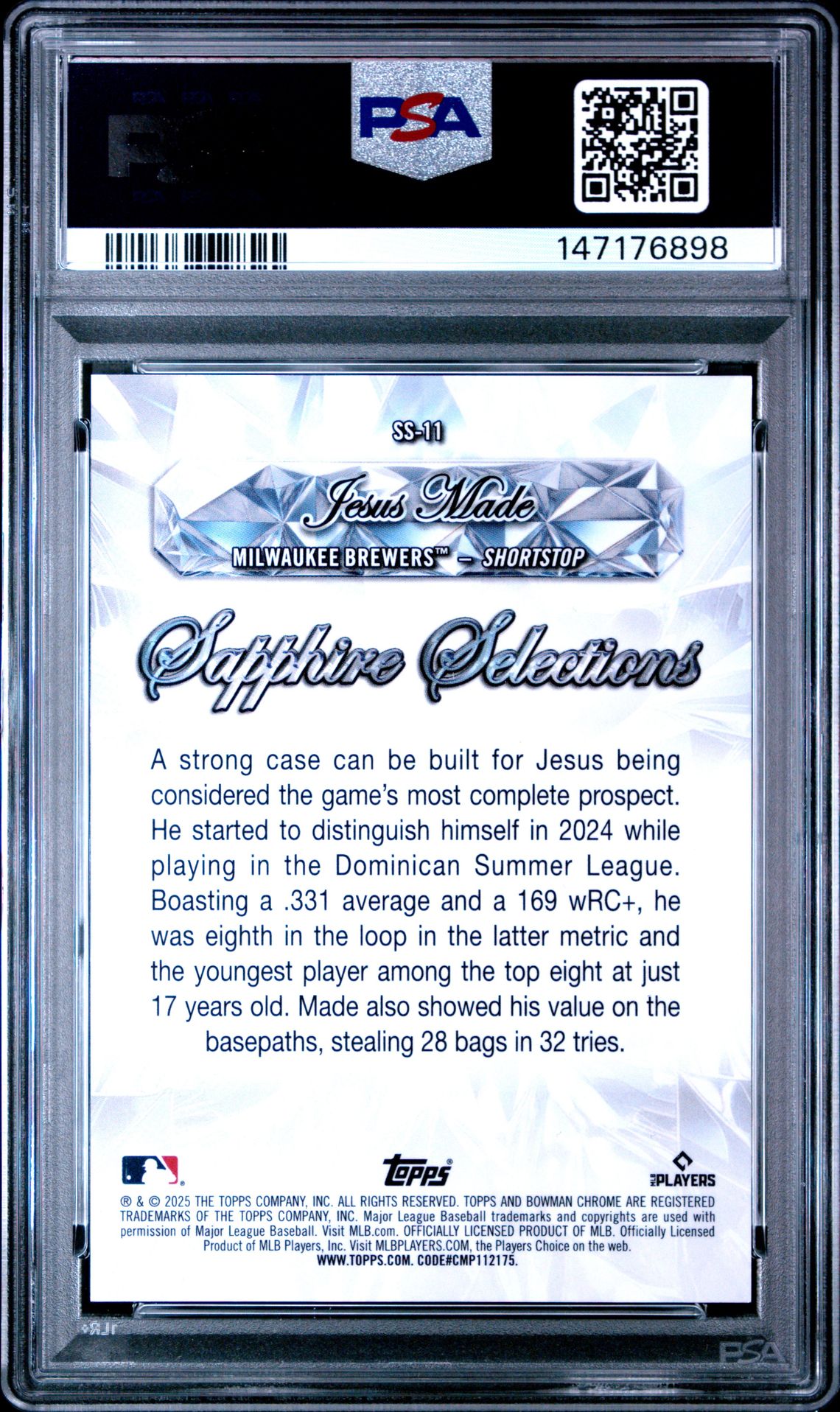 2025 Bowman Chrome Sapphire Edition Sapphire Selections Jesus Made #11 (Sapphire Selections-Org Ref) Mint 9 back
