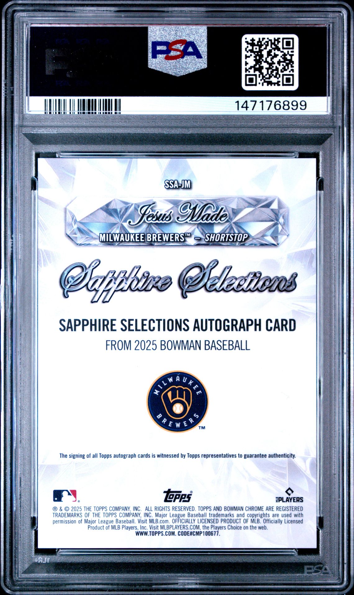 2025 Bowman Chrome Sapphire Edition Sapphire Selections Autographs Jesus Made #Jm Mint 9 back