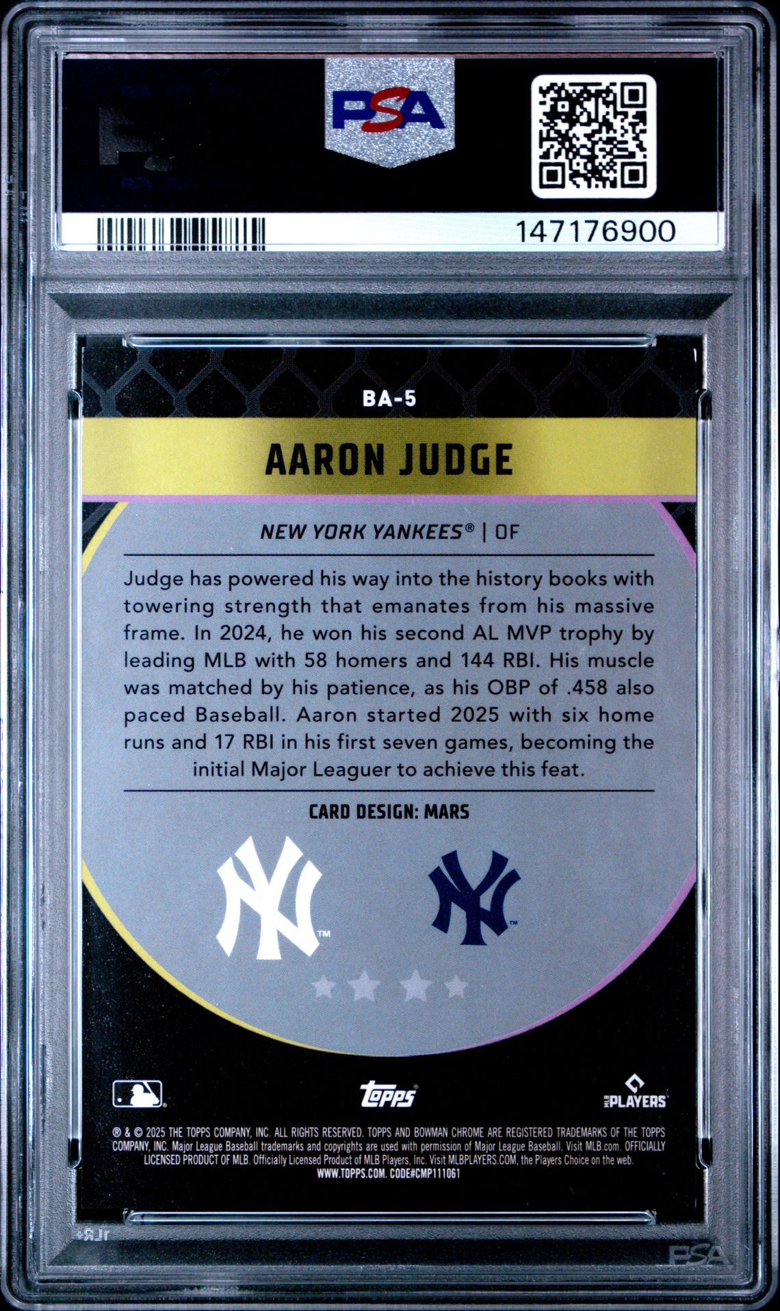 2025 Bowman Chrome Mega Box Bowman Ascensions Aaron Judge #5 Mint 9 back