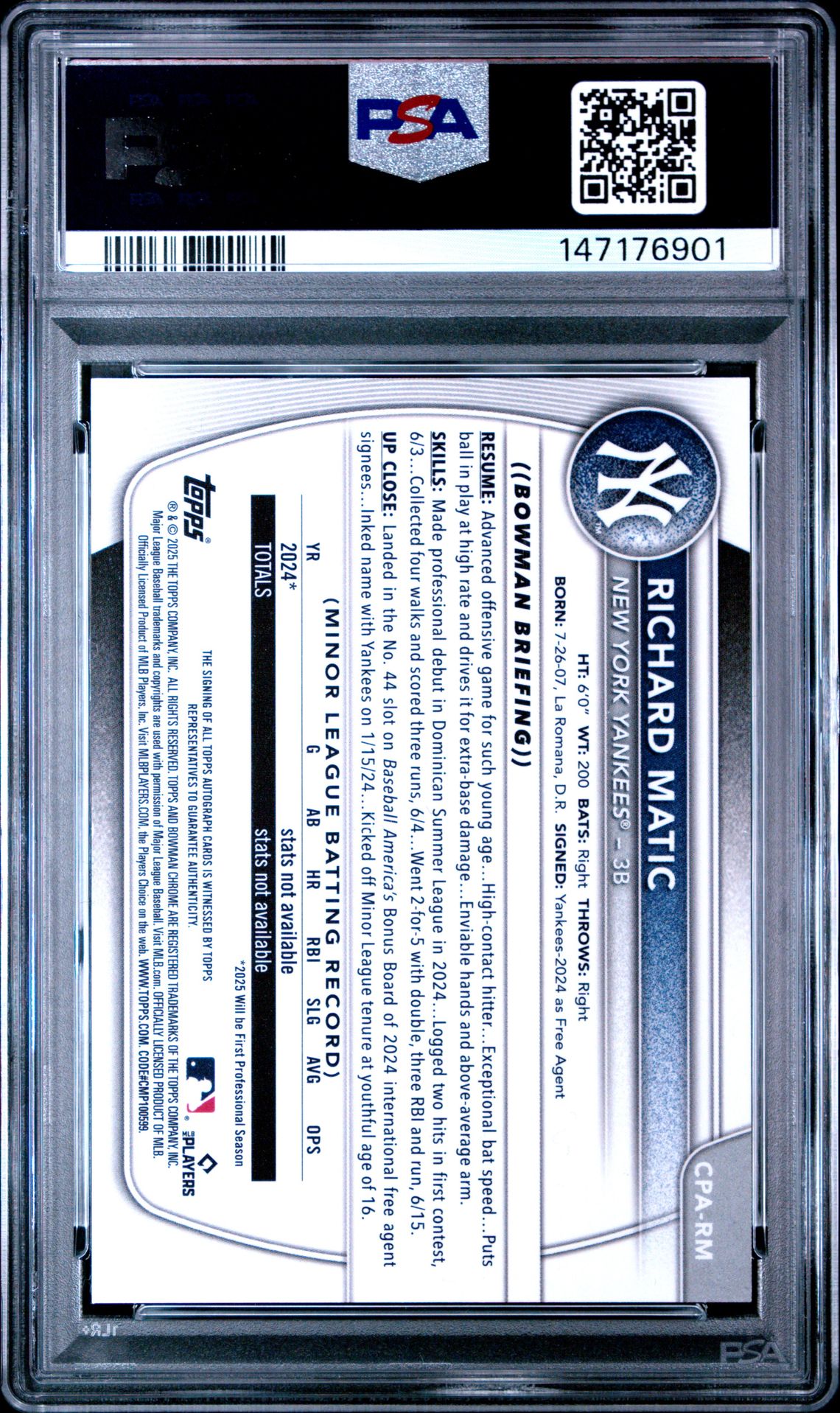 2025 Bowman Chrome Prospect Autographs Richard Matic #Cparm (Chrome Pros Au-Yellow Ref) Mint 9 back