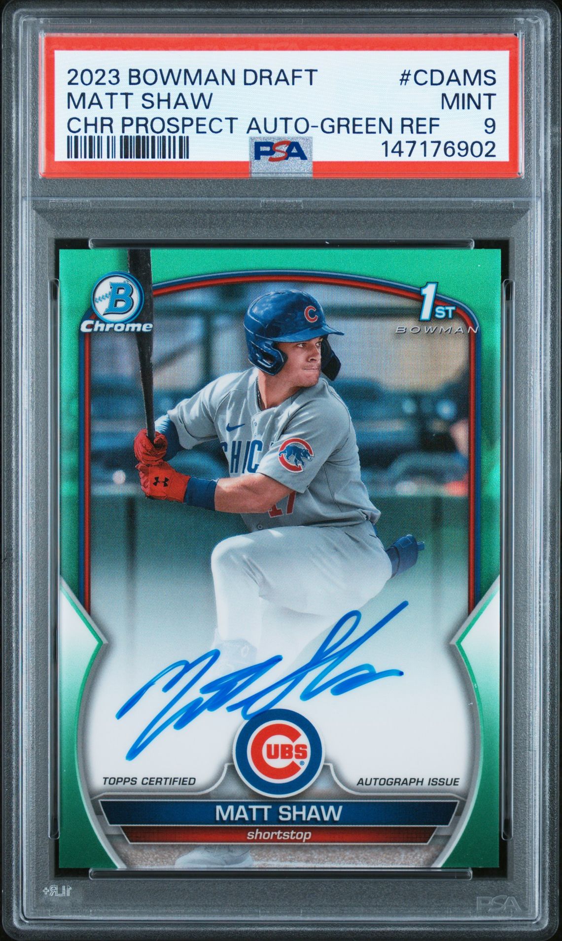 2023 Bowman Draft Chrome Prospect Autograph Matt Shaw #Cdams (Chr Prospect Auto-Green Ref) Mint 9 front