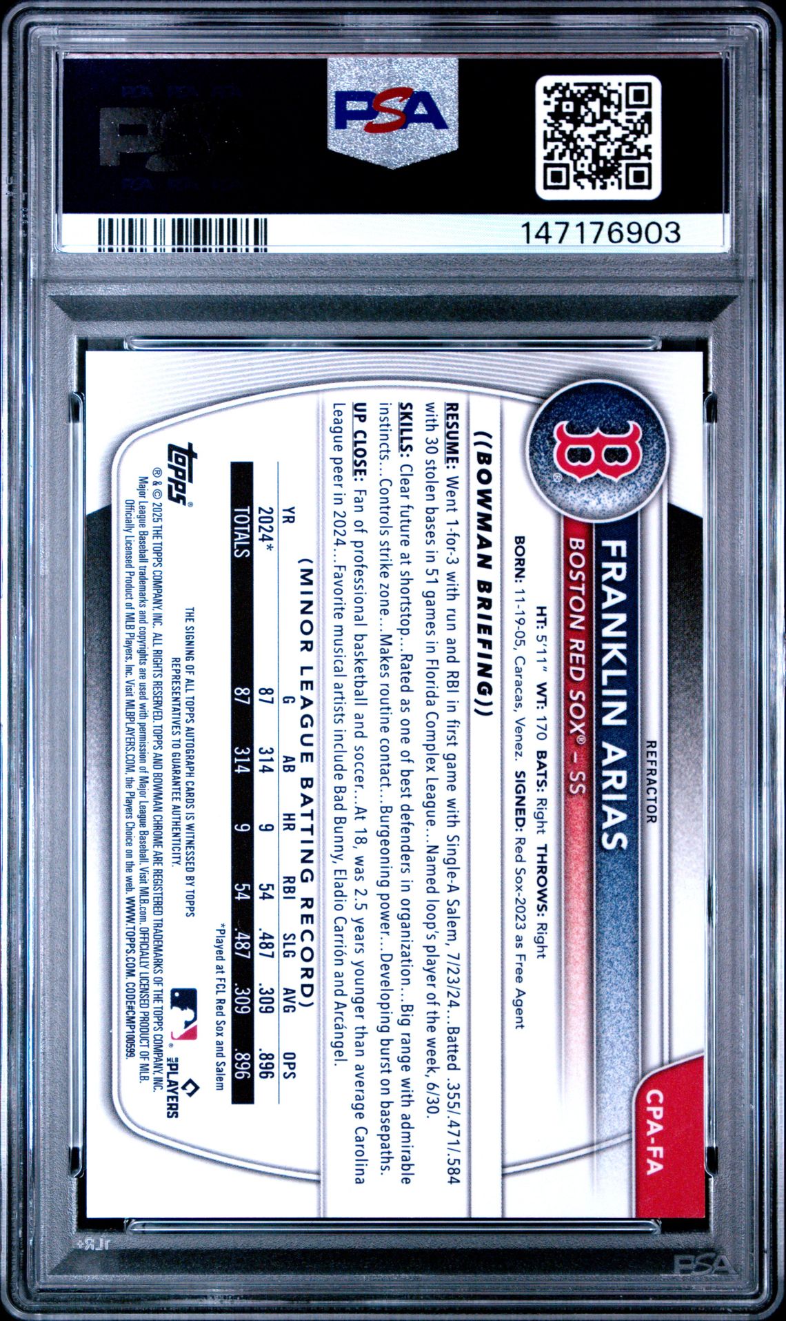 2025 Bowman Chrome Prospect Autographs Franklin Arias #Cpafa (Chrome Prospect Auto-Ref) Mint 9 back