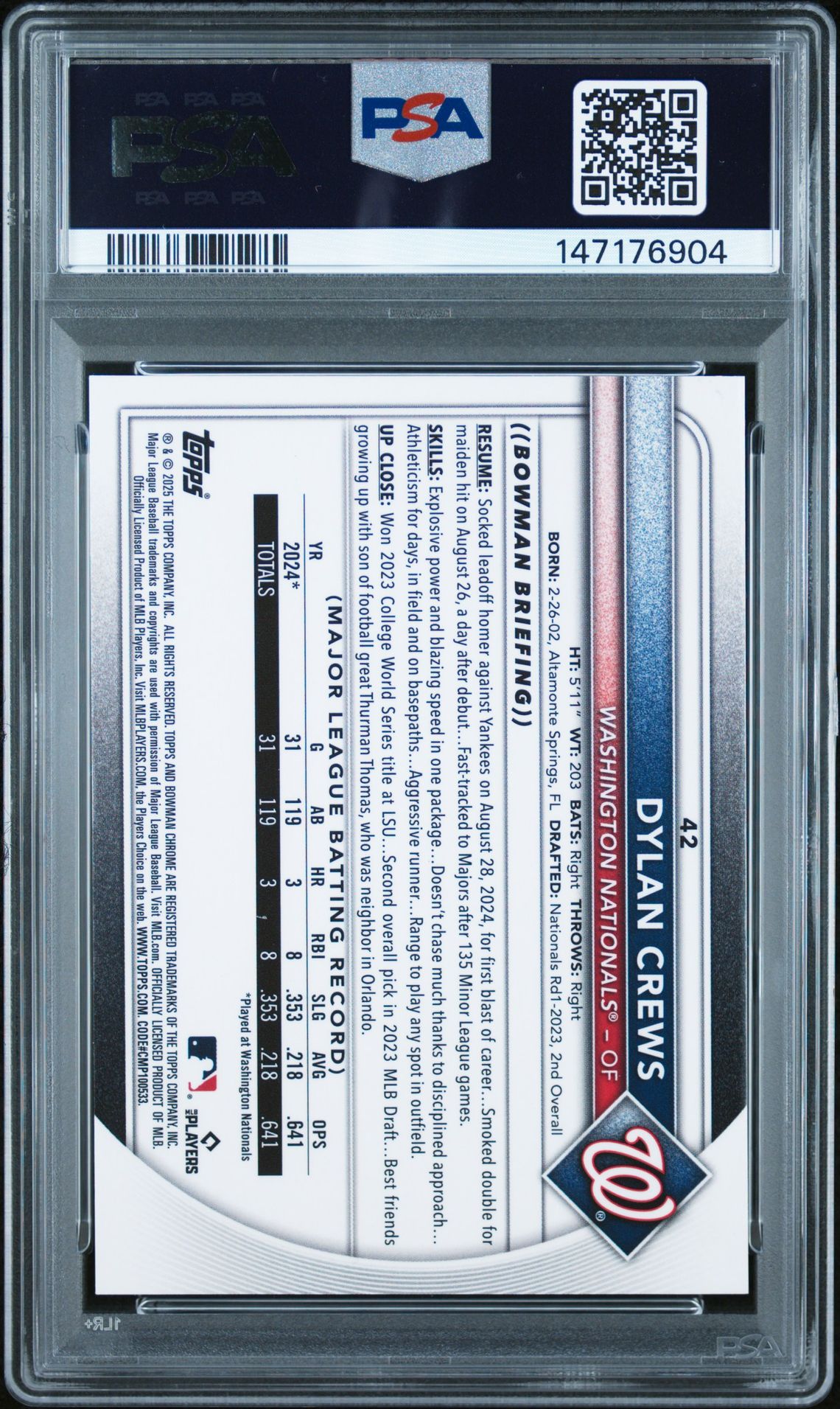 2025 Bowman Dylan Crews #42 (Etched In Glass Variation) Gem Mt 10 back
