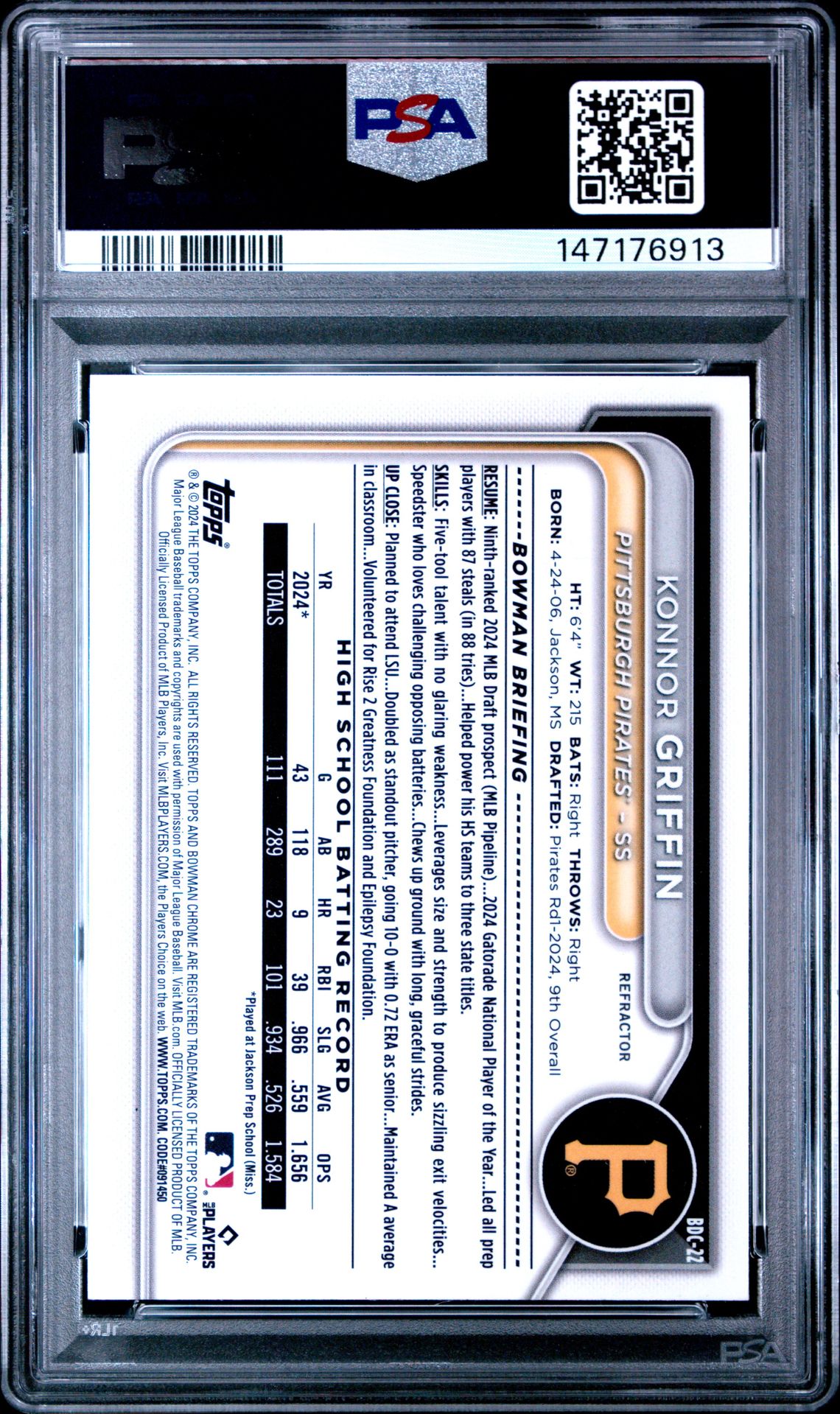 2024 Bowman Draft Konnor Griffin #Bdc22 (Chrome-Refractor) Gem Mt 10 back