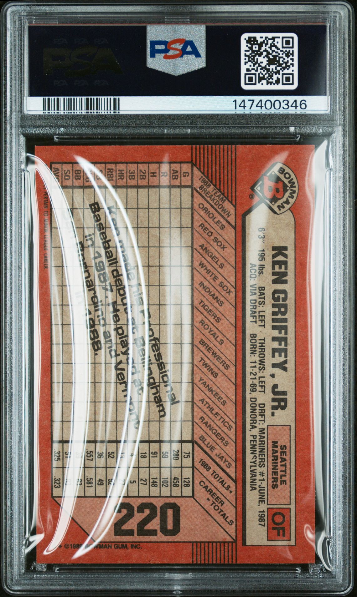 1989 Bowman Ken Griffey Jr. #220 Mint 9 back