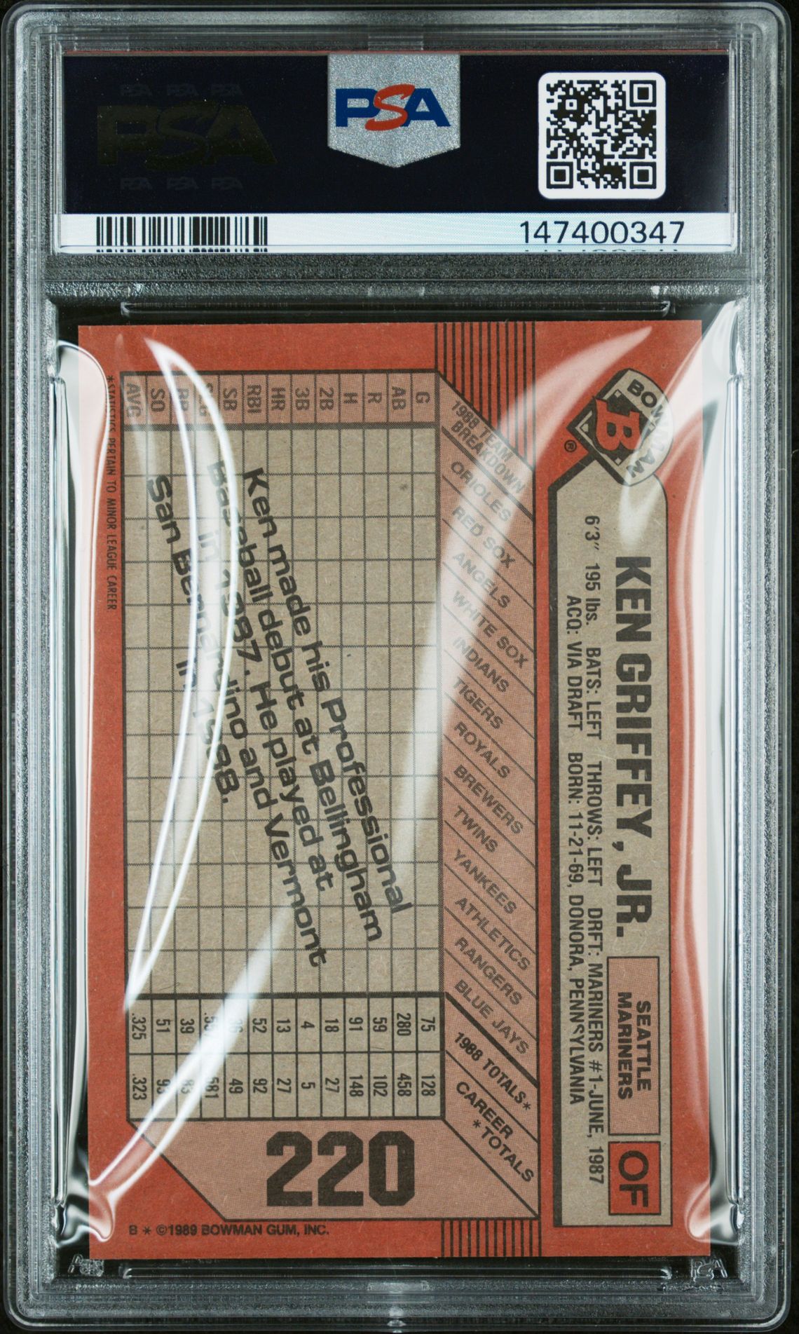 1989 Bowman Ken Griffey Jr. #220 Ex-Mt 6 back