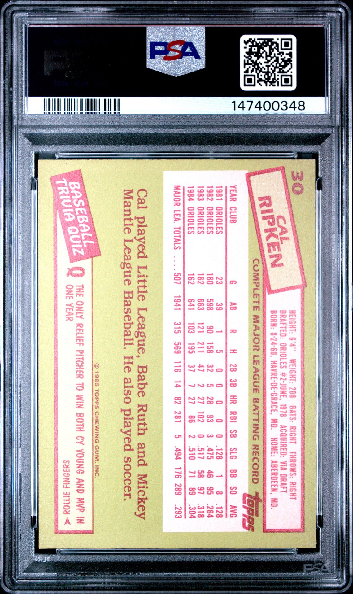 1985 Topps Tiffany Cal Ripken Jr. #30 Nm-Mt 8 back