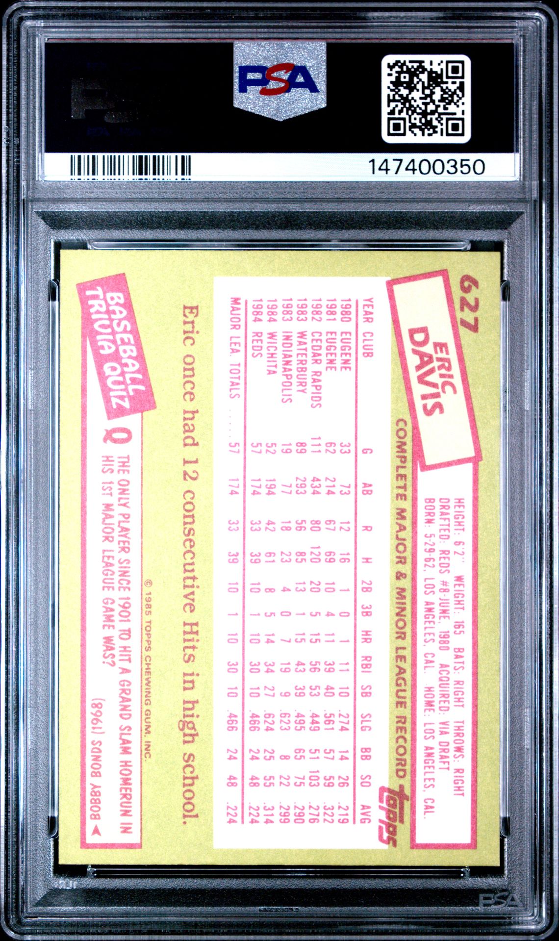 1985 Topps Tiffany Eric Davis #627 Nm-Mt 8 back