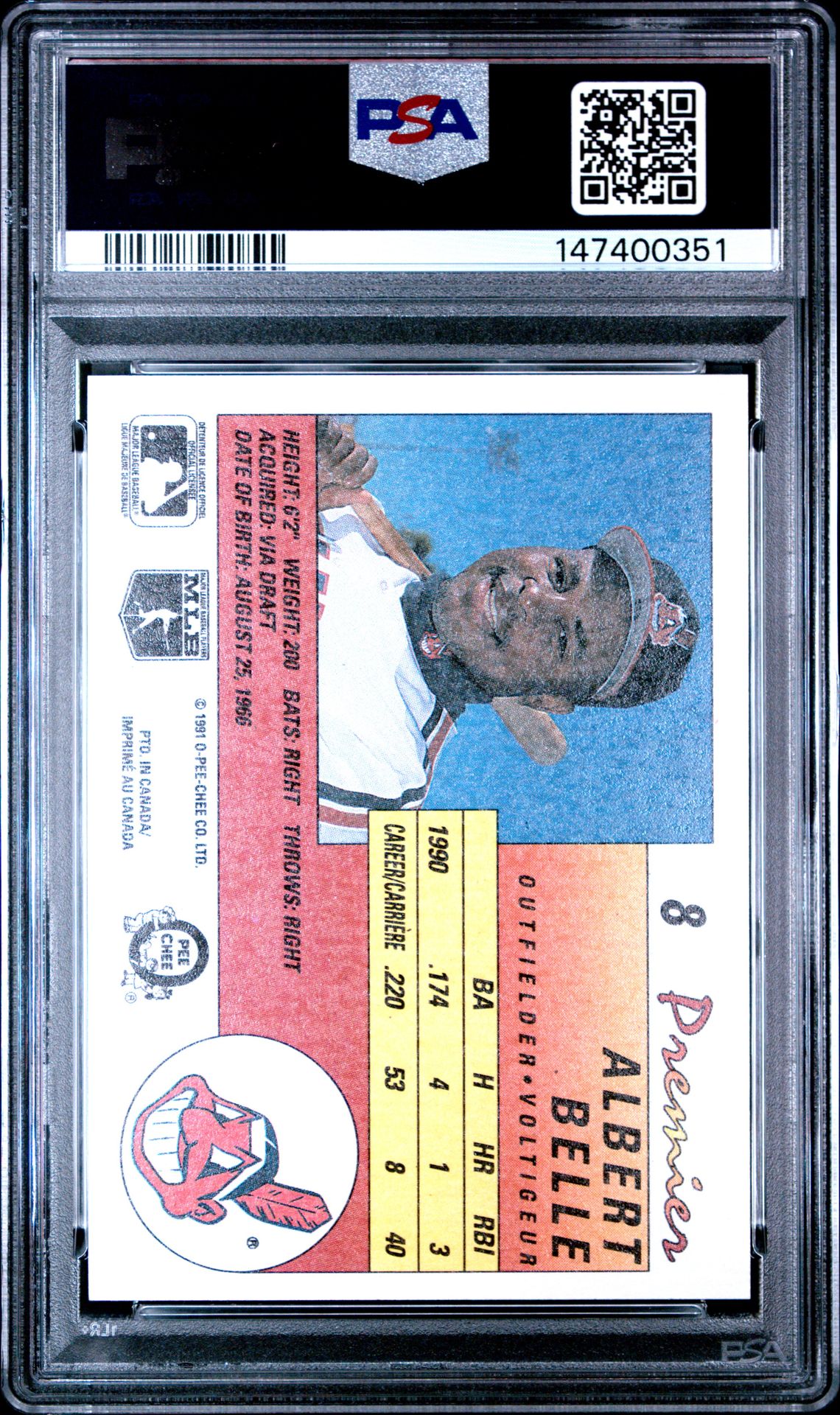 1991 O-Pee-Chee Premier Albert Belle #8 Gem Mt 10 back