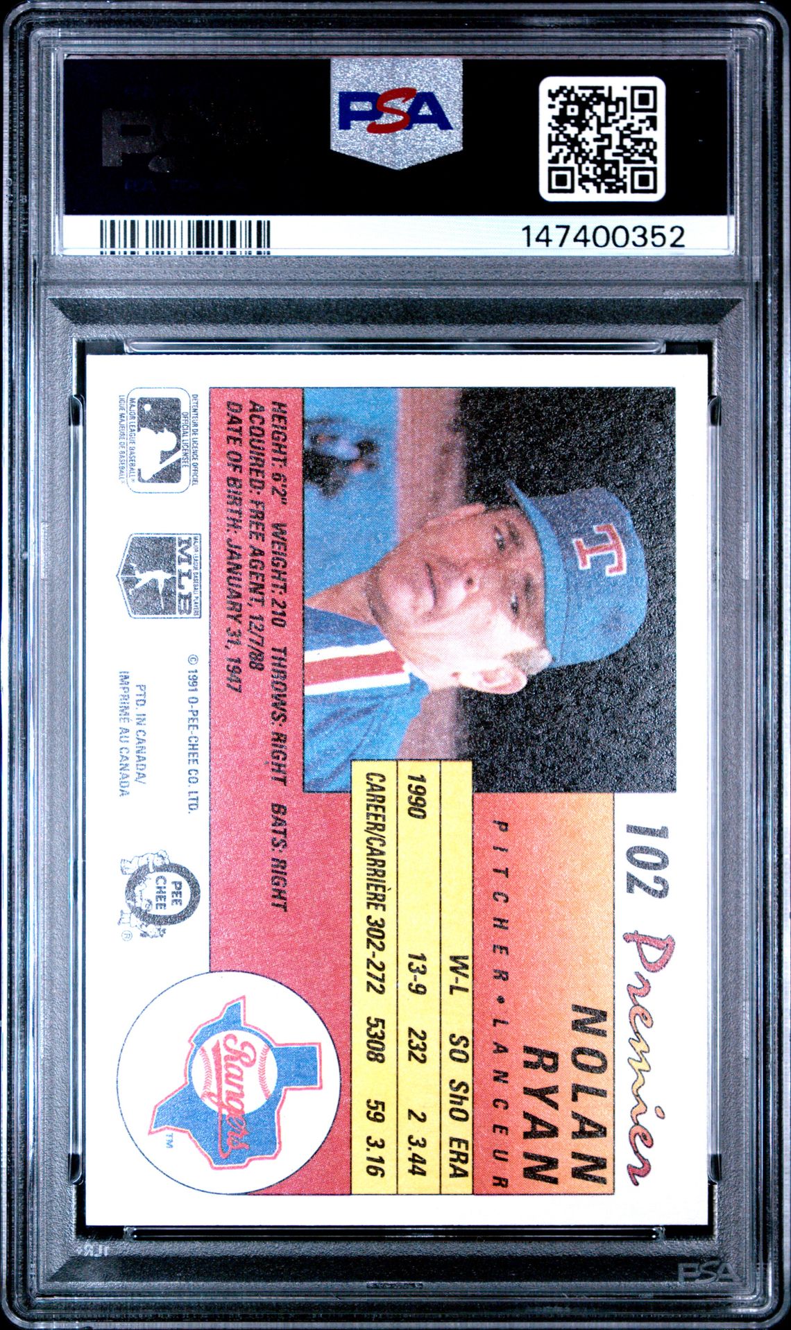 1991 O-Pee-Chee Premier Nolan Ryan #102 Mint 9 back