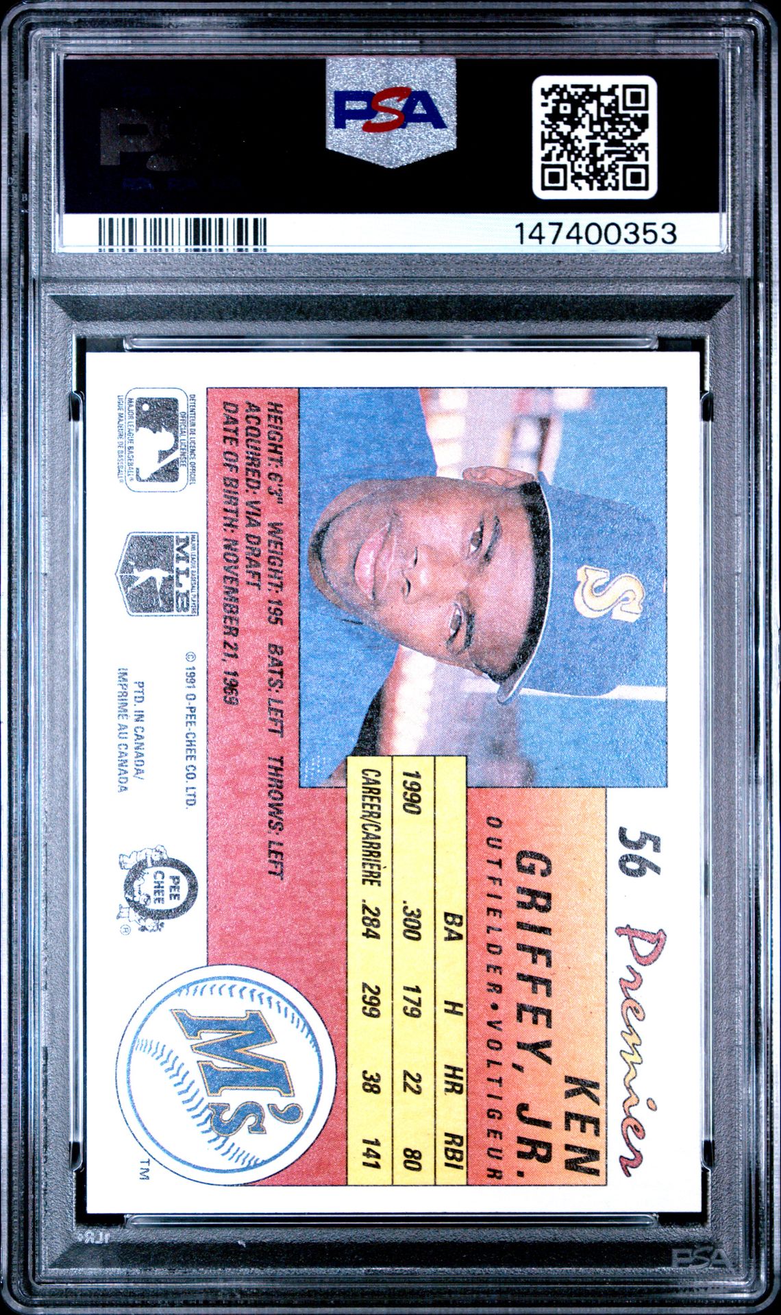1991 O-Pee-Chee Premier Ken Griffey Jr. #56 Mint 9 back