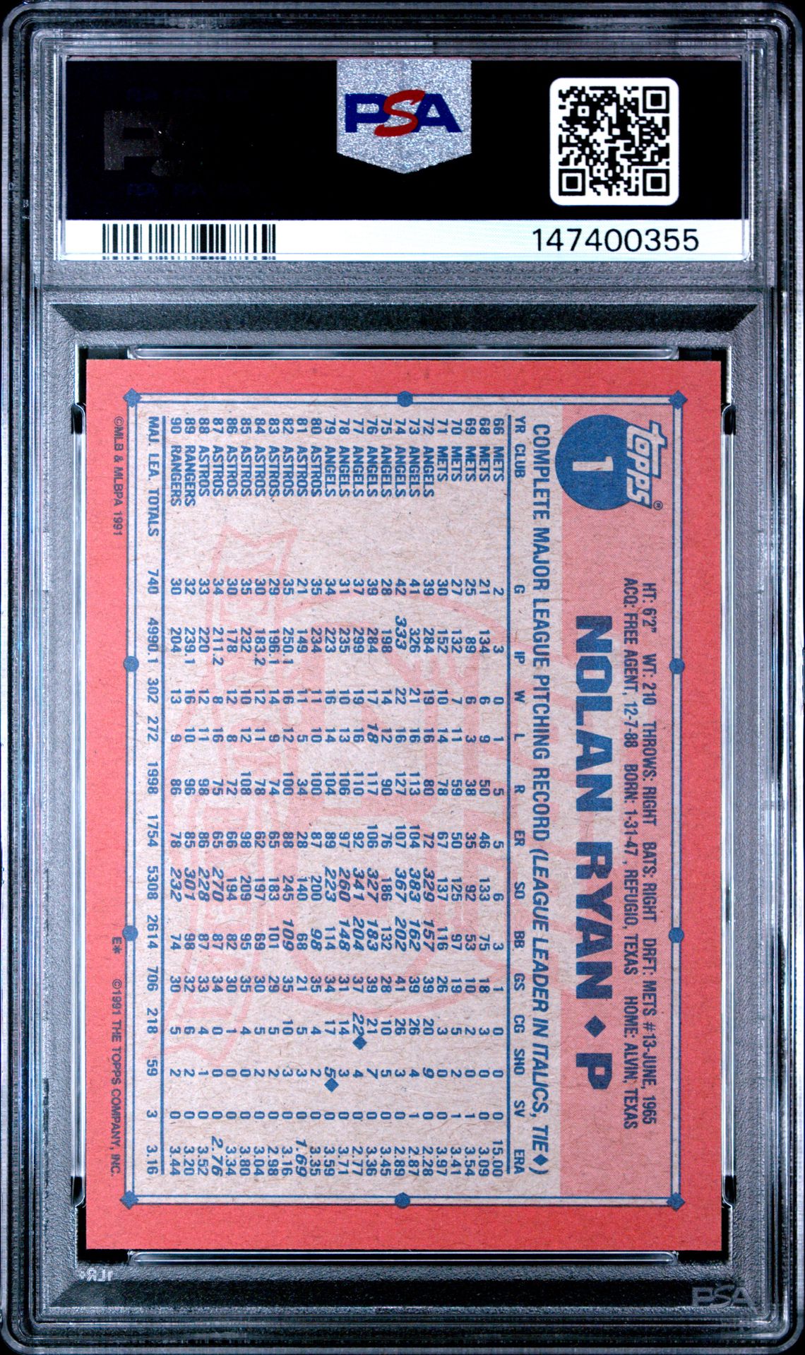 1991 Topps Nolan Ryan #1 Mint 9 back