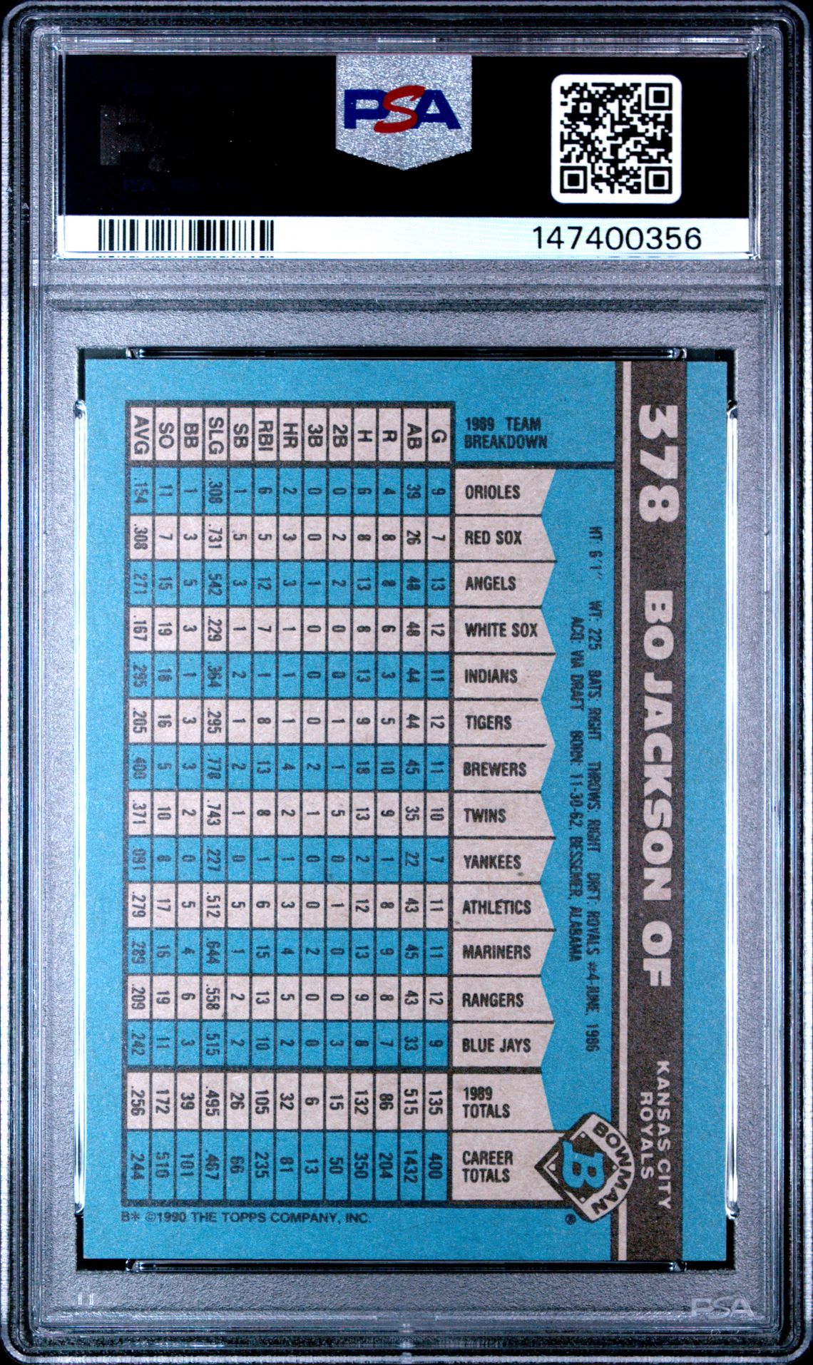 1990 Bowman Bo Jackson #378 Nm-Mt 8 back