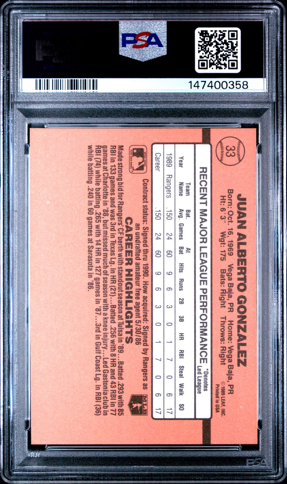 1990 Donruss Juan Gonzalez #33 (Reverse Negative) Ex-Mt 6 back