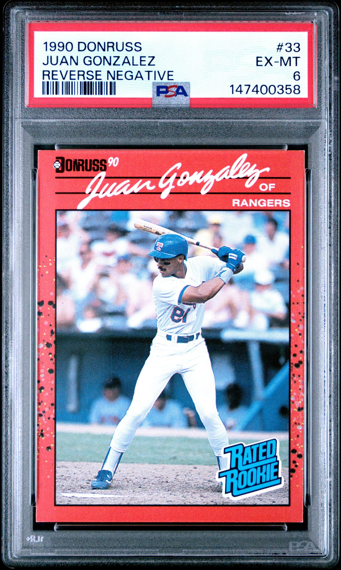 1990 Donruss Juan Gonzalez #33 (Reverse Negative) Ex-Mt 6 front