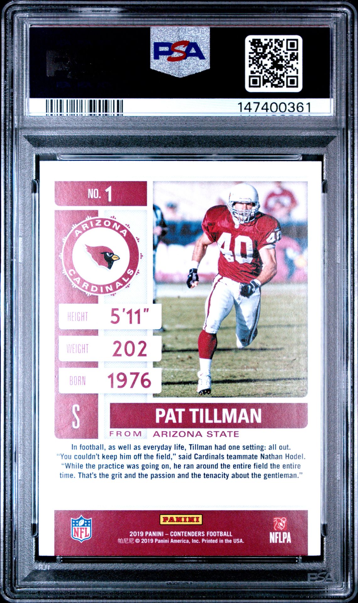2019 Panini Contenders Pat Tillman #1 Mint 9 back