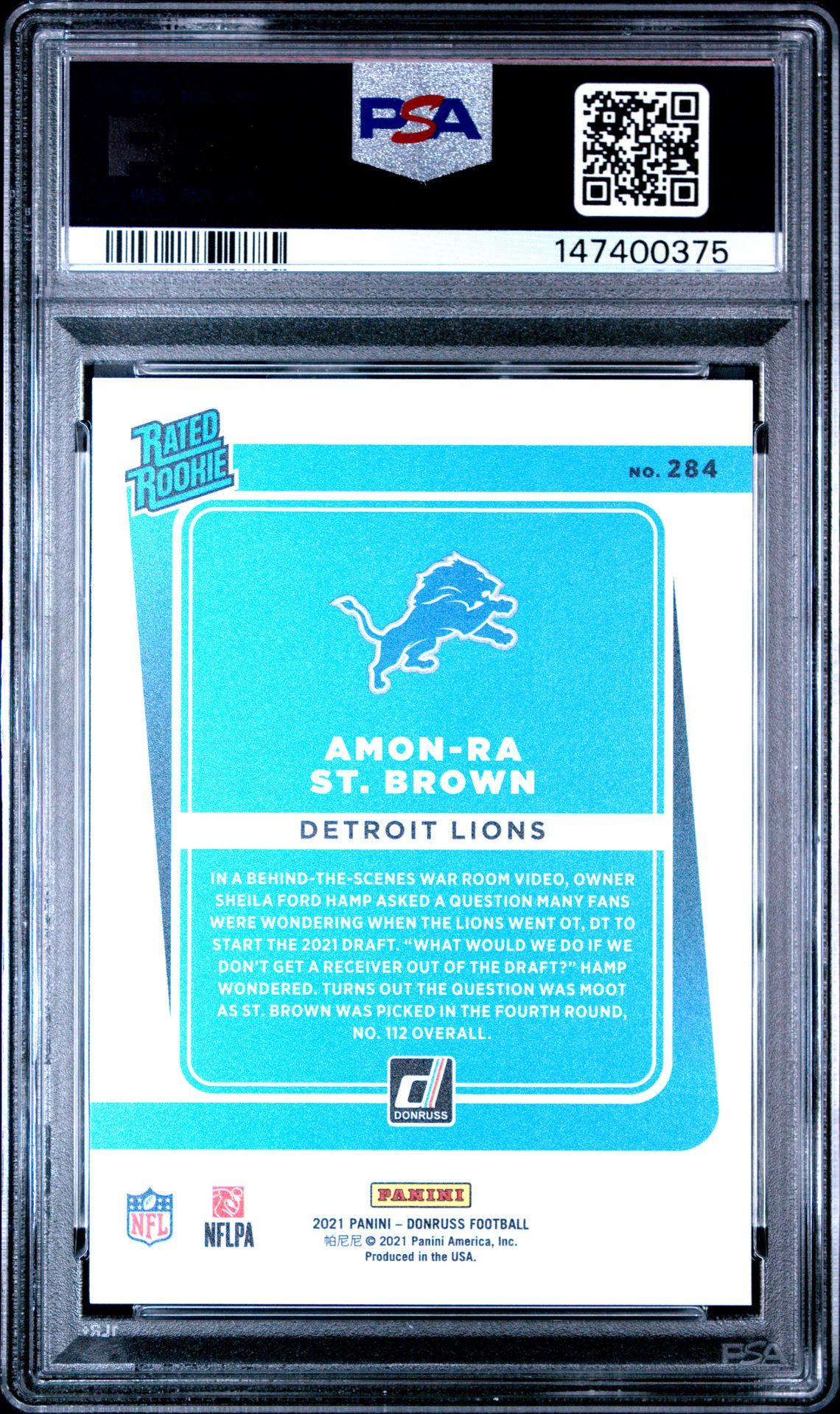 2021 Panini Donruss Amon-Ra St. Brown #284 (Press Proof Premium) Mint 9 back