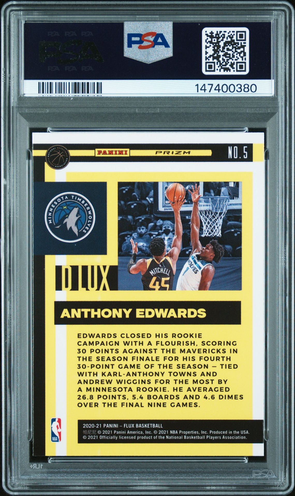 2020 Panini Flux D Lux Anthony Edwards #5 (D Lux-Silver) Mint 9 back