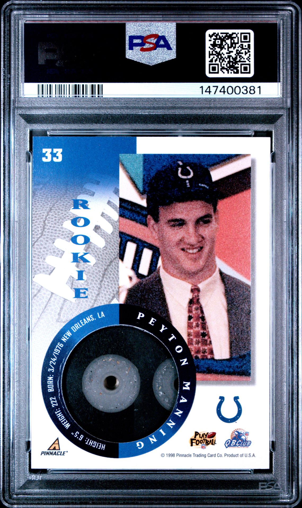 1998 Pinnacle Mint Collection Peyton Manning #33 (Mint Collection) Nm-Mt 8 back