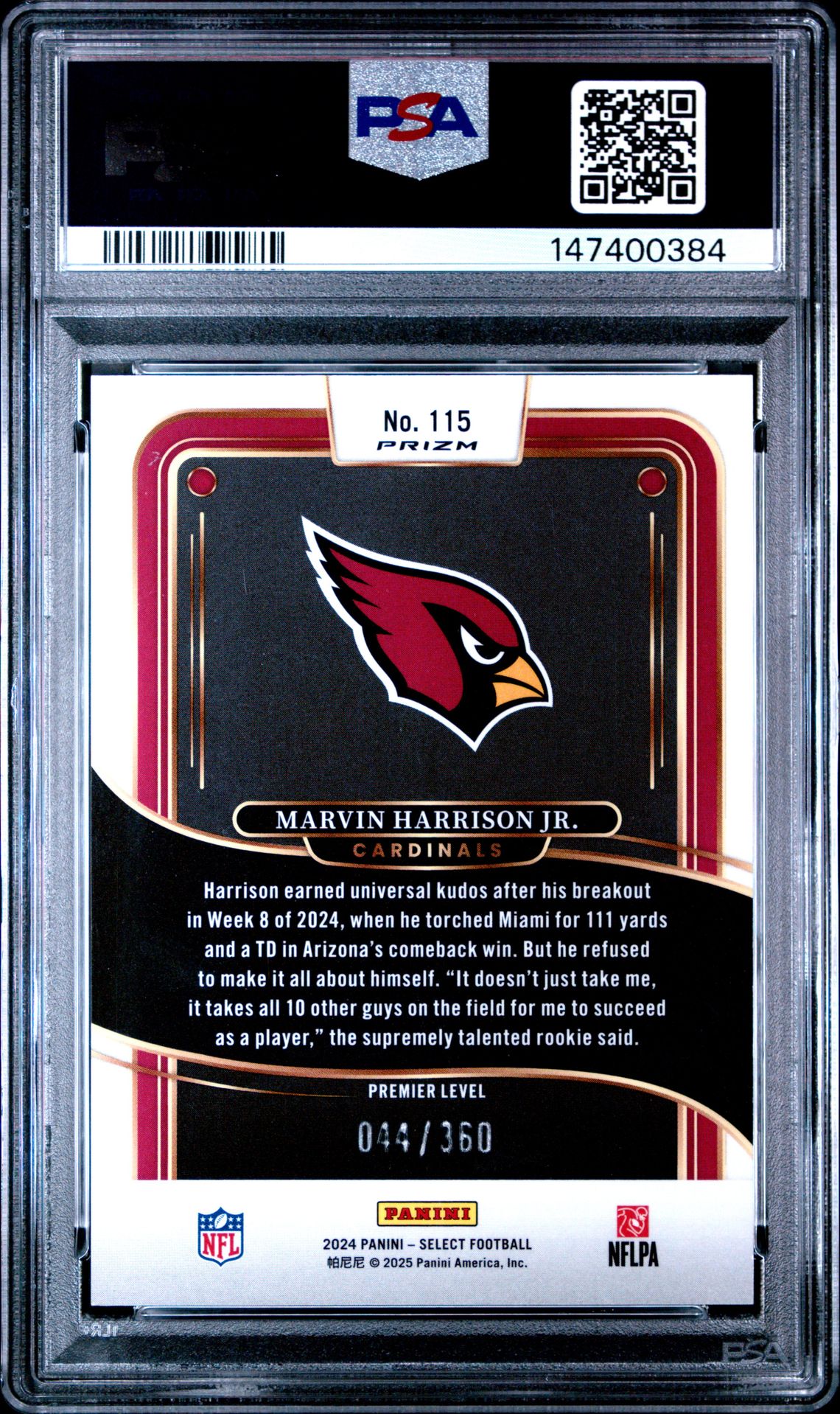 2024 Panini Select Marvin Harrison Jr. #115 (Purple Shock) Gem Mt 10 back