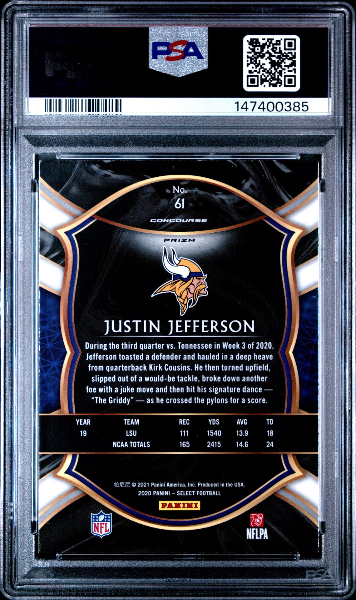 2020 Panini Select Justin Jefferson #61 (Silver Prizm) Mint 9 back