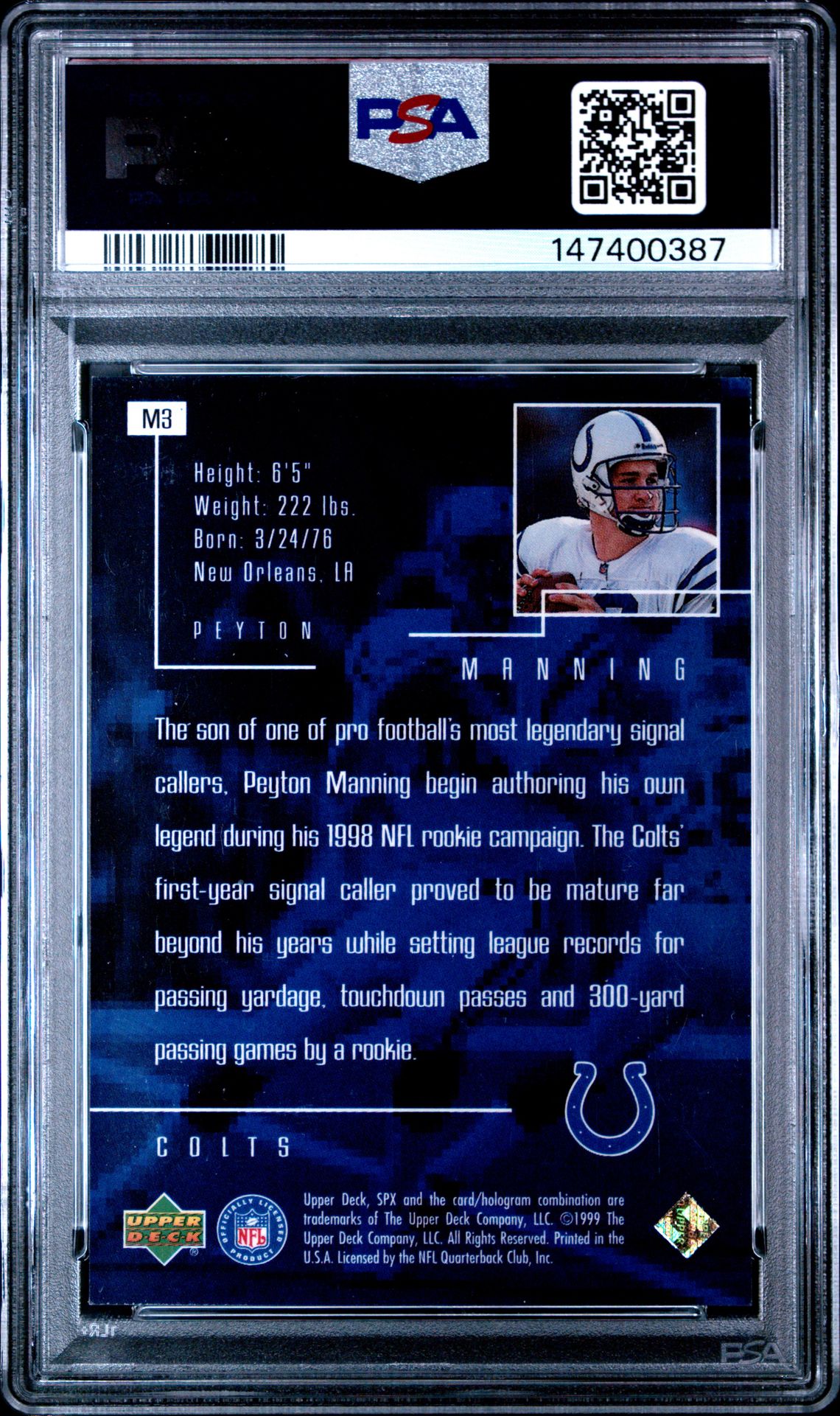1999 Spx Spxmasters Peyton Manning #M3 Nm-Mt 8 back