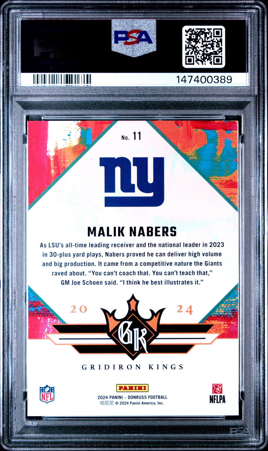 2024 Panini Donruss Rookie Gridiron Kings Malik Nabers #11 Gem Mt 10 back