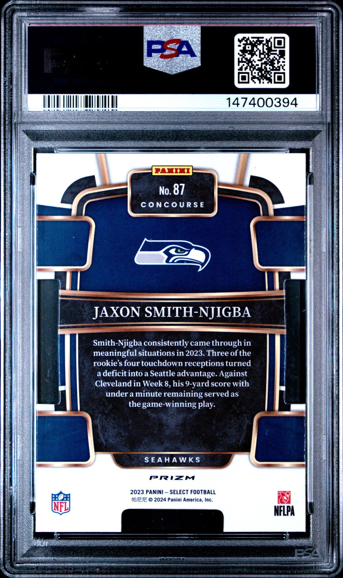 2023 Panini Select Jaxon Smith-Njigba #87 (Die-Cut Black & Green Prizm) Gem Mt 10 back