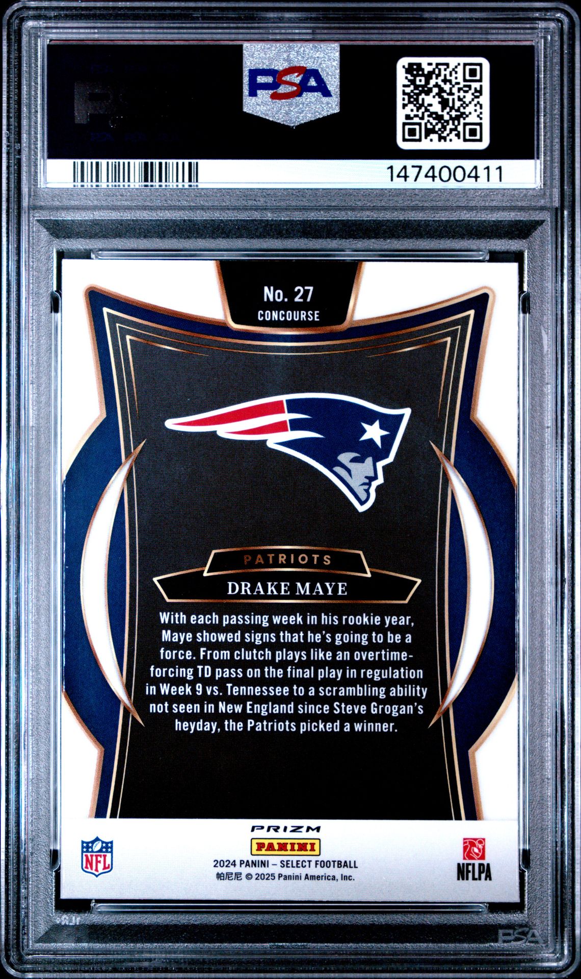 2024 Panini Select Drake Maye #27 (Black & Red Shock) Gem Mt 10 back