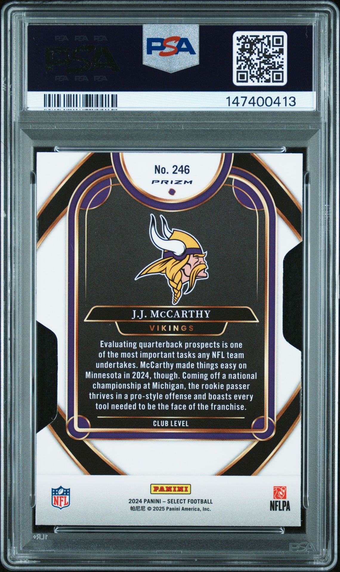 2024 Panini Select Jj Mccarthy #246 (Die-Cut Silver Prizm) Mint 9 back