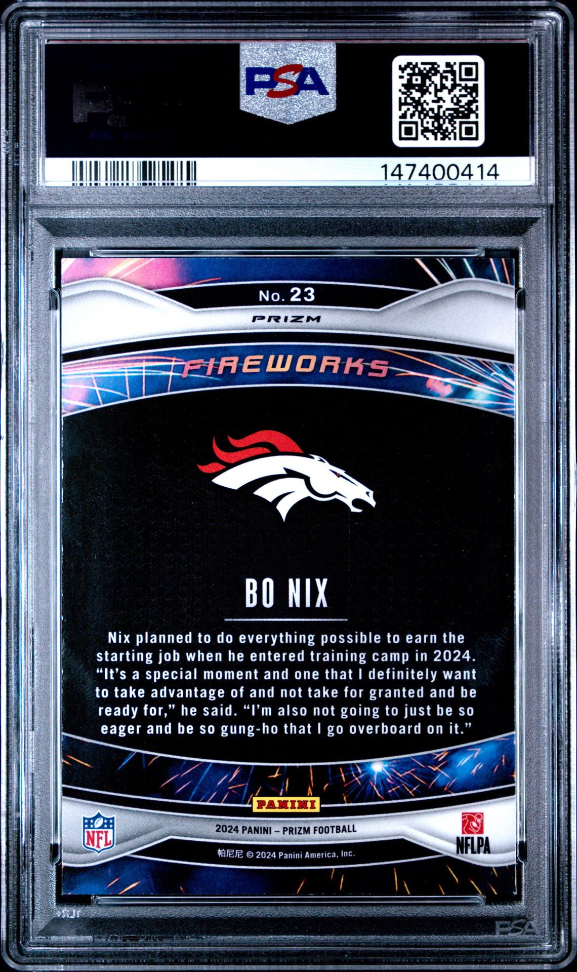 2024 Panini Prizm Fireworks Bo Nix #23 (Fireworks-Green Wave) Mint 9 back