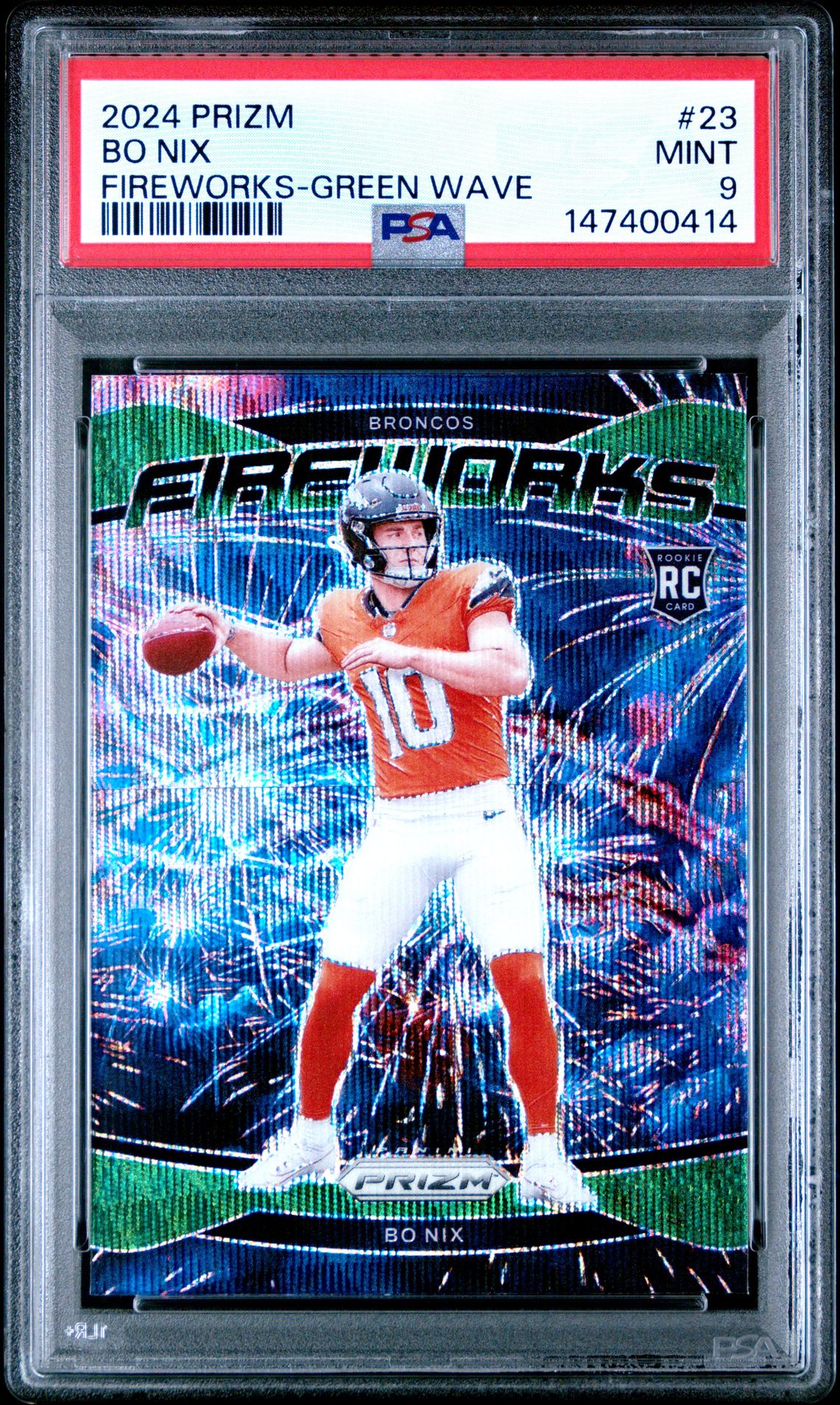 2024 Panini Prizm Fireworks Bo Nix #23 (Fireworks-Green Wave) Mint 9 front