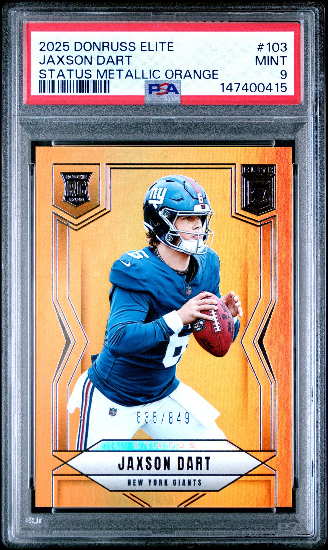 2025 Panini Donruss Elite Jaxson Dart #103 (Status Metallic Orange) Mint 9 front