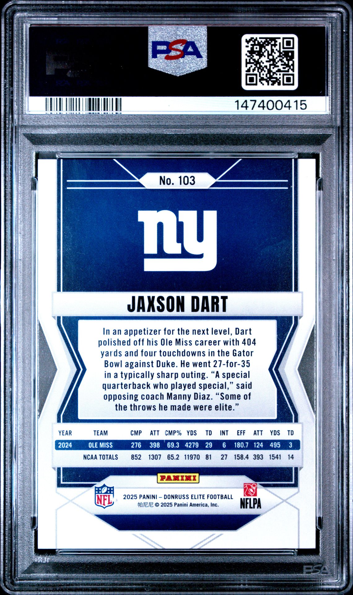 2025 Panini Donruss Elite Jaxson Dart #103 (Status Metallic Orange) Mint 9 back