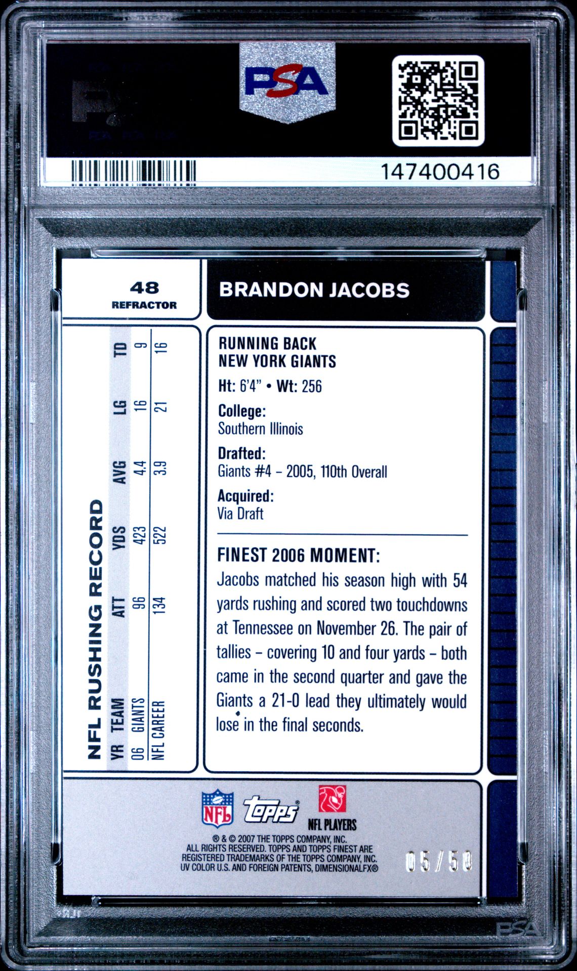 2007 Finest Brandon Jacobs #48 (Gold Refractor) Gem Mt 10 back view - PSA certificate #147400416