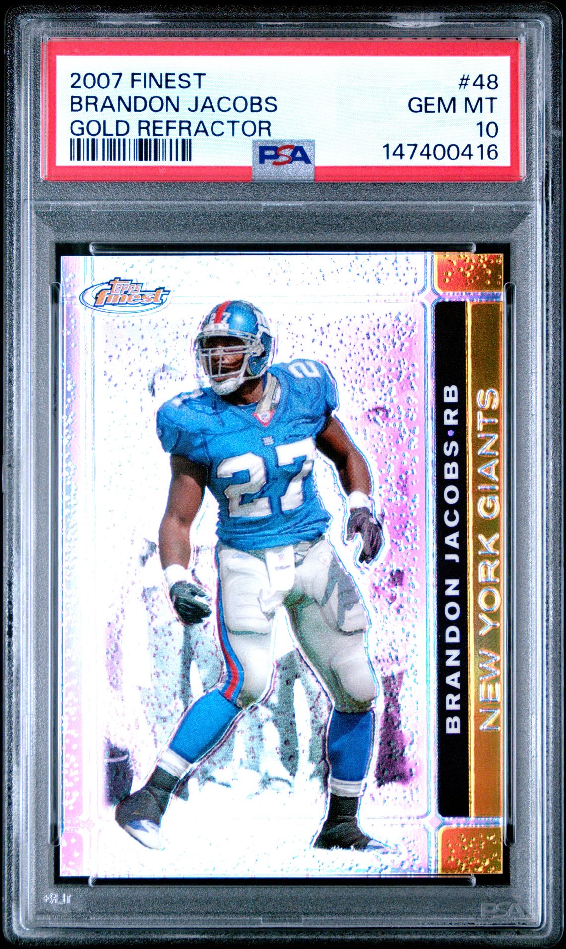 2007 Finest Brandon Jacobs #48 (Gold Refractor) Gem Mt 10 front view - PSA graded GEM MT 10
