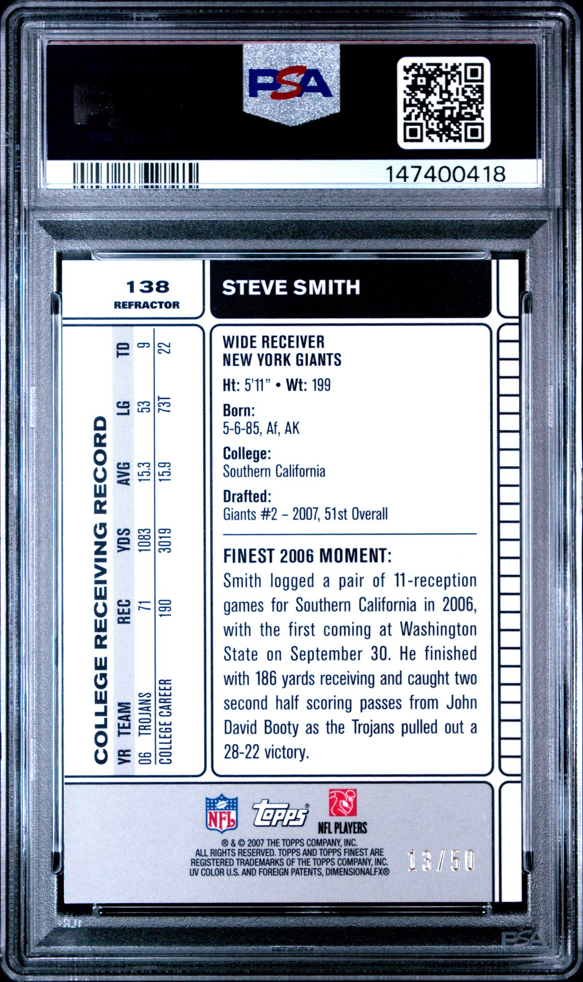 2007 Finest Steve Smith #138 (Gold Refractor) Gem Mt 10 back view - PSA certificate #147400418