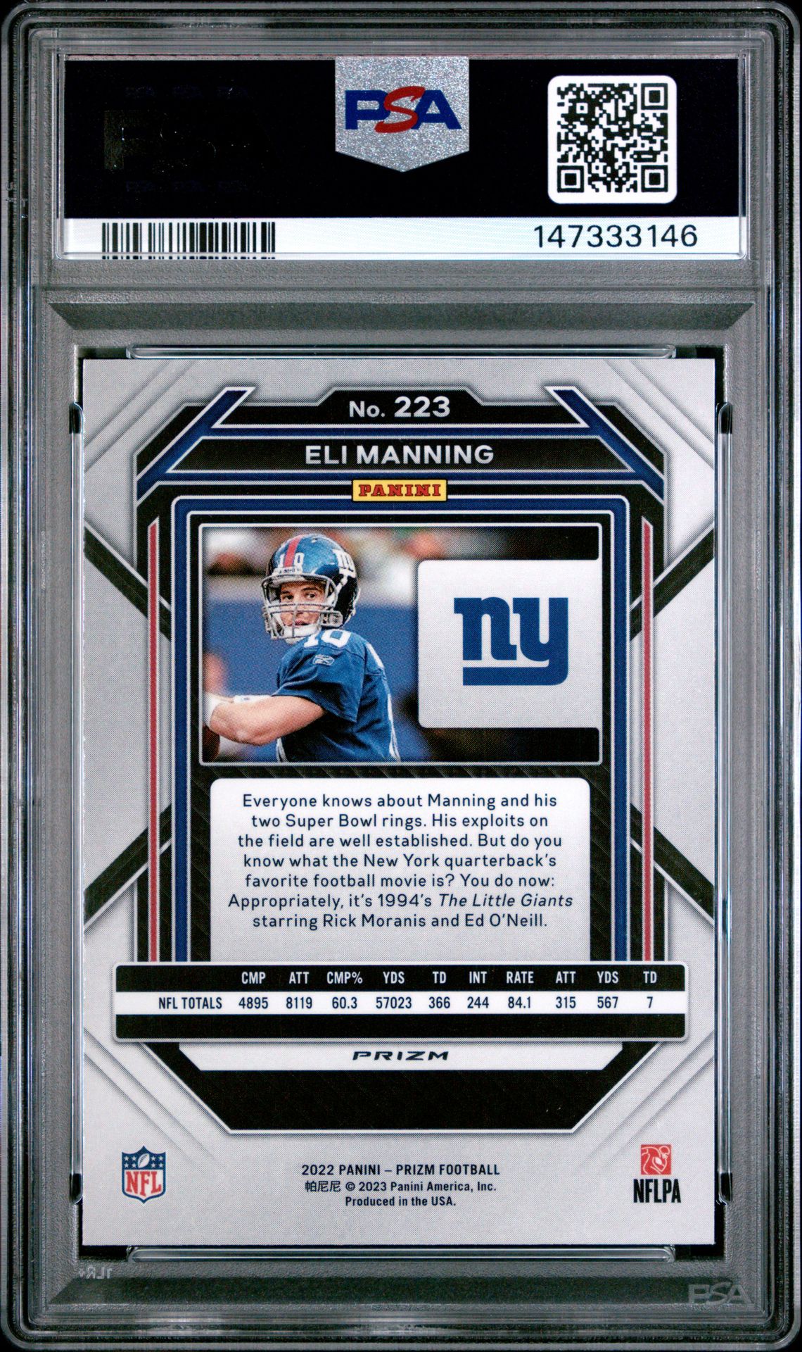 2022 Panini Prizm Eli Manning #223 (No Huddle) Gem Mt 10 back